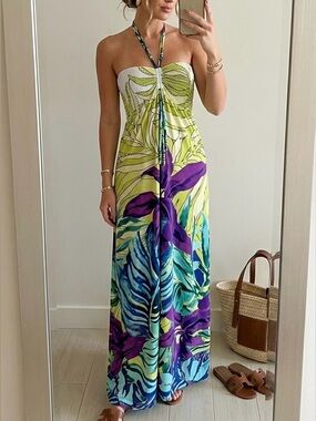 CACHE Vintage Y2K Tropical Beaded Halter Maxi Dress Purple Green M